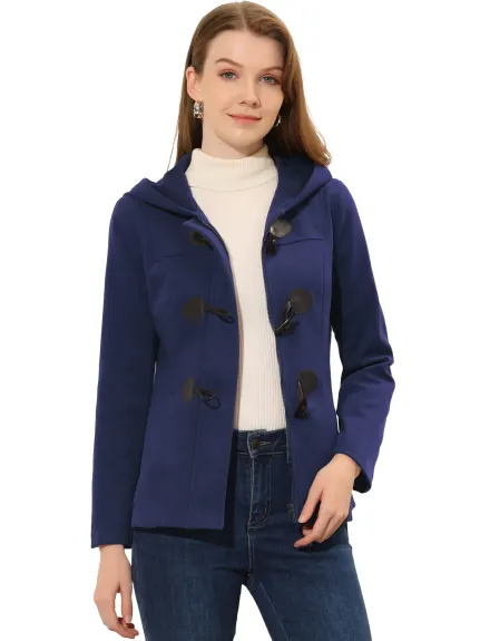 Allegra K- Toggle Duffle Zipper Front Cropped Hooded Peacoat