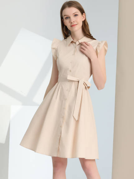 Allegra K- Cotton Shirtdress Ruffled Sleeve Tie Waist Button Dress