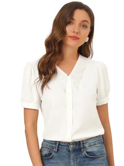 Allegra K - Embroidery Lace Collar Elegant Shirt