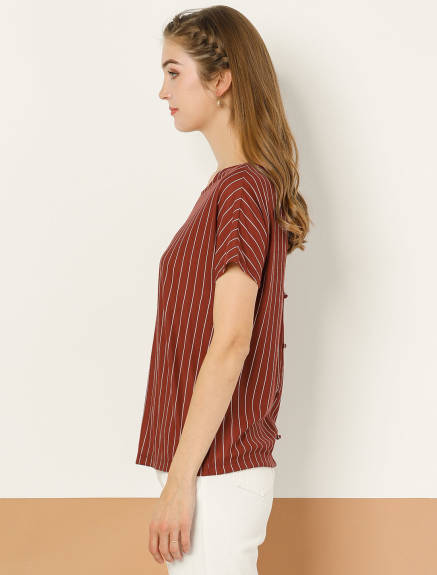 Allegra K- Round Neck Short Sleeve Striped Blouse