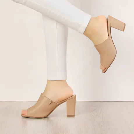 Allegra K - Block Heel Faux Leather Slide Sandals