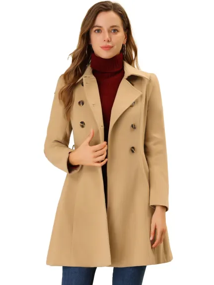 Allegra K- Double Breasted Turn Down Collar Swing Belted Coat
