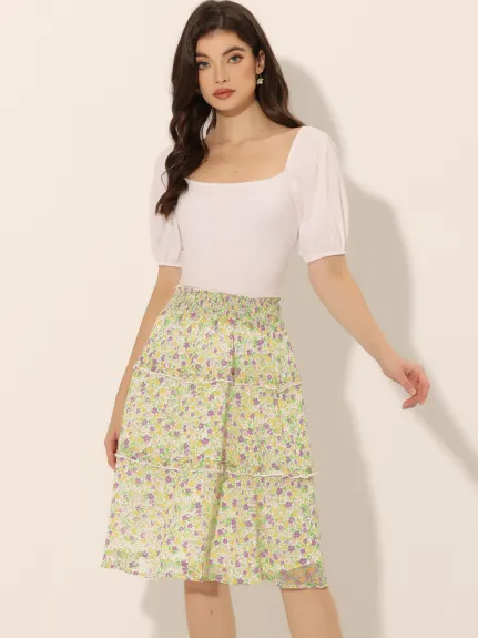 Allegra K- Floral Smocked Waist Ruffle Tiered Skirt