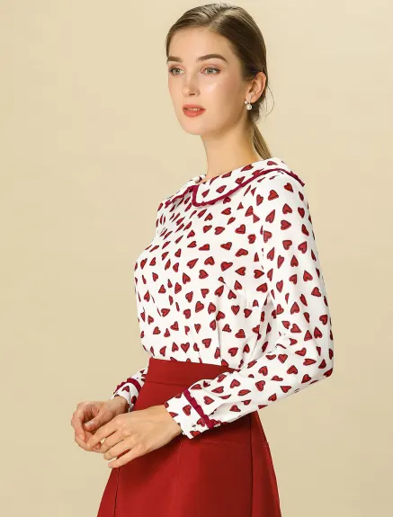 Allegra K- Collar Long Sleeve Cute Heart Dots Print Top