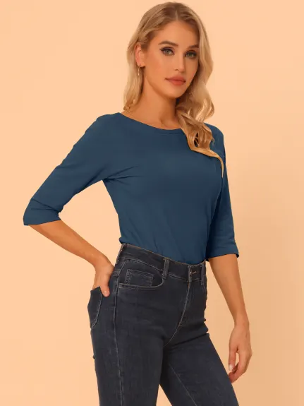 Allegra K- manches coudées col rond coupe Slim Tee