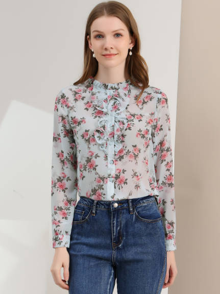 Allegra K- Floral Long Sleeve Button Down Chiffon Shirt