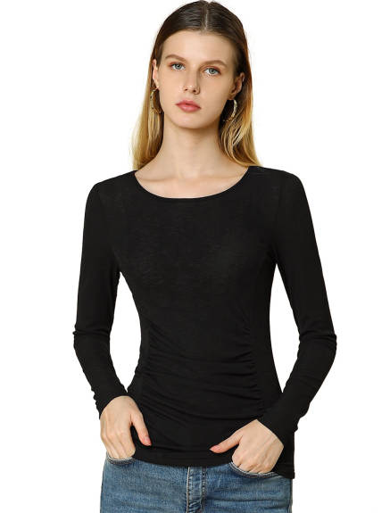 Allegra K- Comfortable Round Neck Long Sleeve Solid Fitted Ruched Top