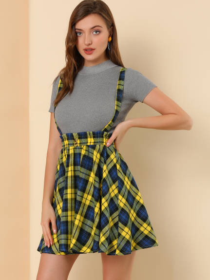 Allegra K- Women's Plaid Tartan Button Decor Suspender Skirts