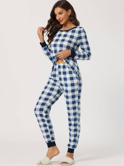 cheibear - Round Neck Winter Plaid Pajamas Sets