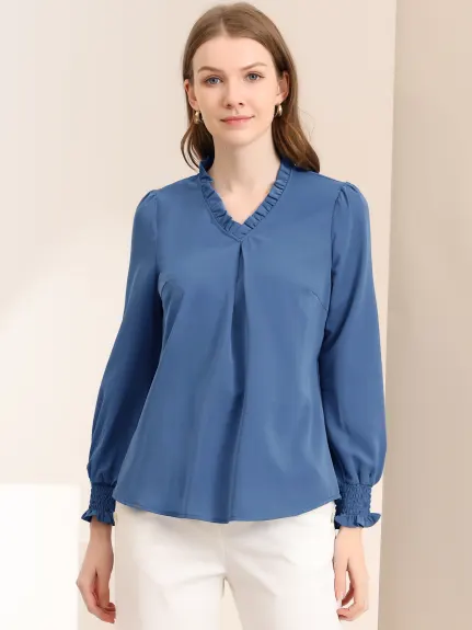 Allegra K- volants col V manches longues Blouse solide