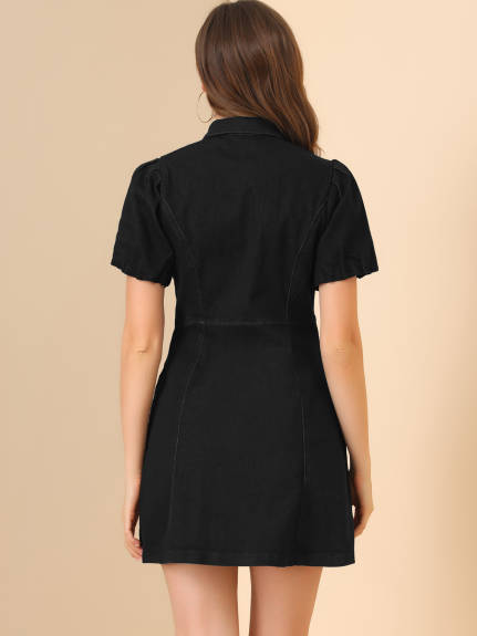 Allegra K- Denim Dress Puff Short Sleeve Button Shirt Dresses