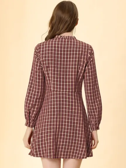 Allegra K- Check Ruffle Neck Long Sleeve A-Line Shirt Dress