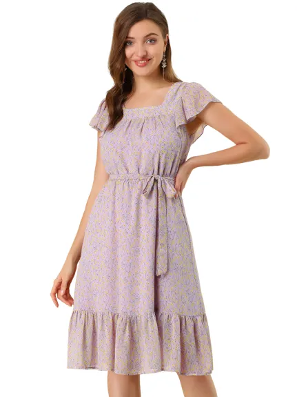 Allegra K- Flutter Sleeves Square Neck Ruffled Dress
