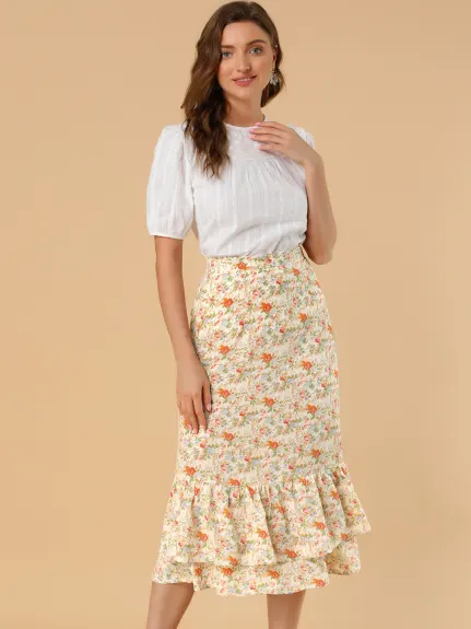 Allegra K- Printed Chiffon Ruffle Tiered Zipper Midi Skirt