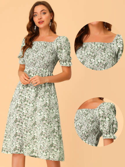 Allegra K- robe florale à col carré manches bouffantes Casual Midi Smocked