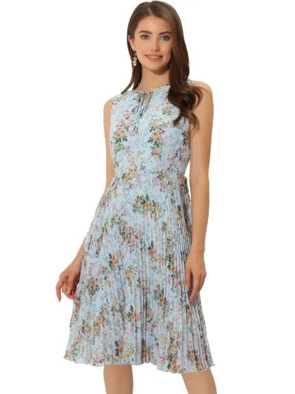 Allegra K- Floral Print Knee Length Sleeveless Pleated Dress