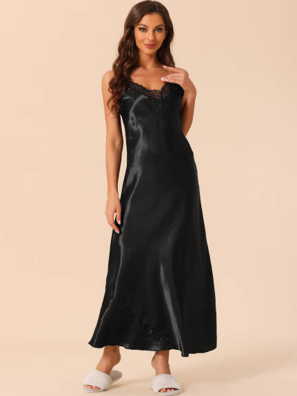 cheibear - Camisole Lace Trim Maxi Nightgowns