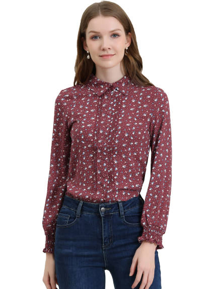 Allegra K- Point Collar Floral Button Down Blouse Shirt