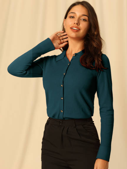 Hobemty- Turn Down Collar Blouse Knitted Top