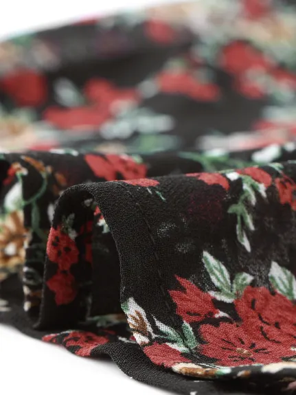 Allegra K- Floral V Neck Tie Waist Bishop Sleeve Wrap Midi Dress