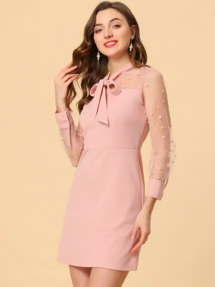 Allegra K- Tie Neck Mesh Sheer Panel Dots A-Line Mini Dress