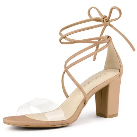 Allegra K - Clear Strap Chunky Heel Lace up Sandals