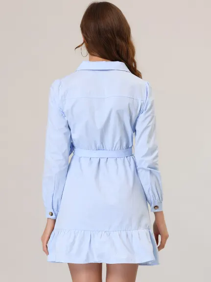 Allegra K- Mini-robe à revers cranté, col en V, taille nouée, ourlet à volants