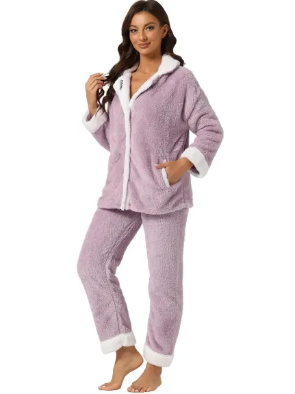 cheibear - Long Sleeve Button Down Warm Flannel Pajamas Set