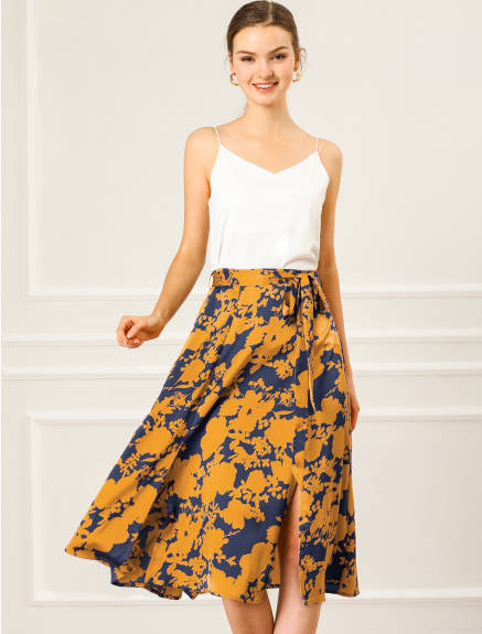 Allegra K- Women's Slit Floral Belted A-Line Midi Skirt