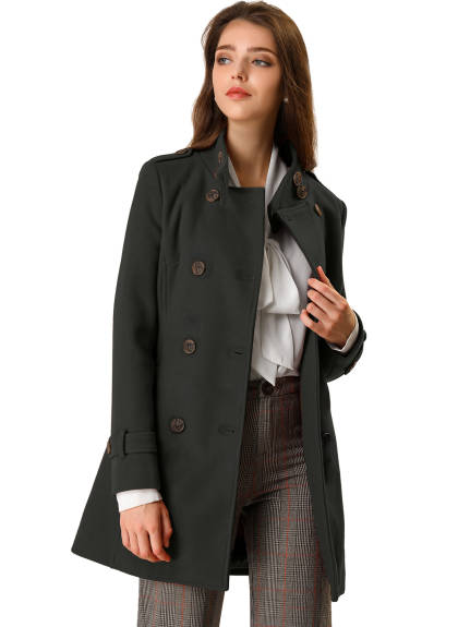 Allegra K- Stand Collar Double Breasted Mid Length Trenchcoat