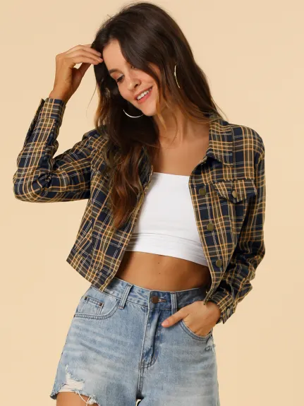 Allegra K - Long Sleeves Button Down Plaid Cropped Jacke