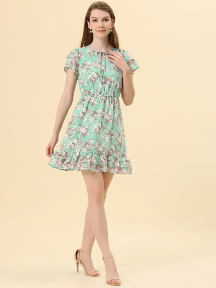 Allegra K- Ruffle Sleeve Self-Tie V Neck A-Line Floral Chiffon Dress
