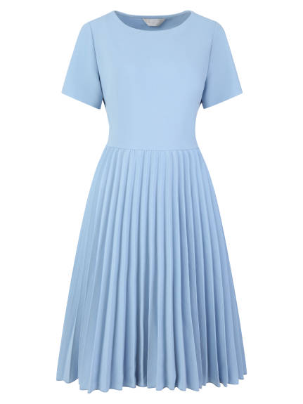 Hobemty- Short Sleeve Pleated Midi A-Line Dress