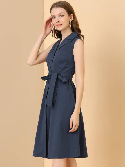 Allegra K- robe Safari Midi sans manches à revers crantée Vintage