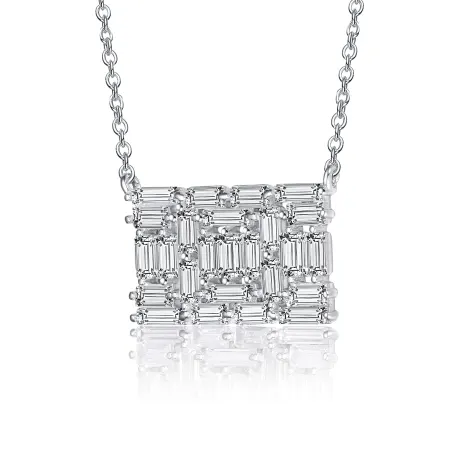 Genevive Sterling Silver White Gold Plated with Clear Cubic Zirconia Rectangular Cluster Necklace