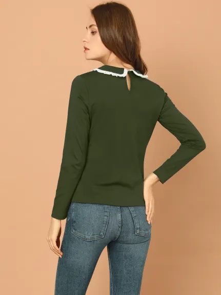 Allegra K- chemisier Peter Pan col T-Shirt basique chemise manches longues