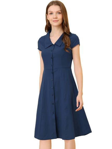 Allegra K- Cap Sleeve Cotton Collar Midi Button Down Dress