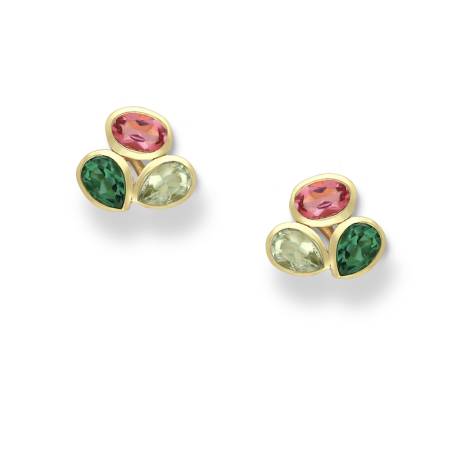 Boucles d'oreilles clous en argent sterling plaqué or 18 carats avec pierres précieuses rose et verte et zircones cubiques en ovale en grappe- AG Sterling