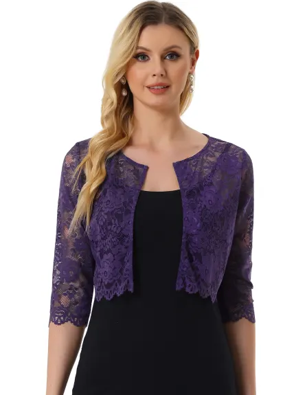 Allegra K- Crop Cardigan Sheer Floral Lace Shrug Top