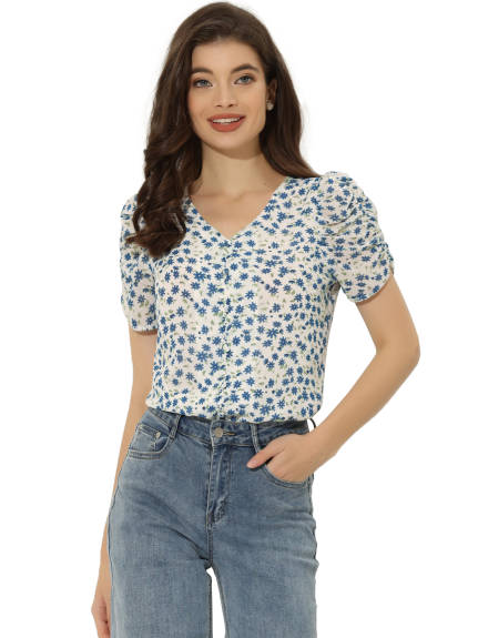 Allegra K- Puff Short Sleeve Chiffon Floral Blouse Shirt Top