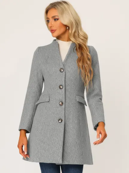 Allegra K- Overcoat V Neck Single Breasted Long Coat