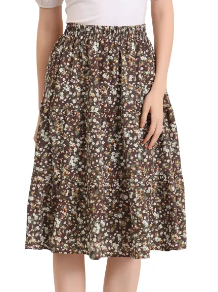 Allegra K- Floral Printed Elastic Waist A-Line Midi Skirt