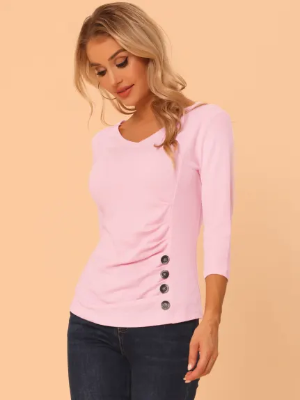 Allegra K- V Neck 3/4 Sleeve Knitted Button Decor Ruched Top