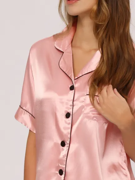 cheibear - Satin Solid Color Stripe Summer Pajamas Set
