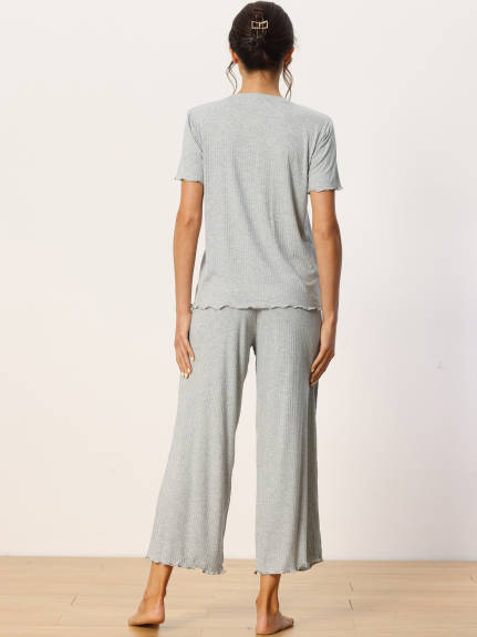 cheibear - Round Neck Soft Knit Short Sleeve Pajamas Set