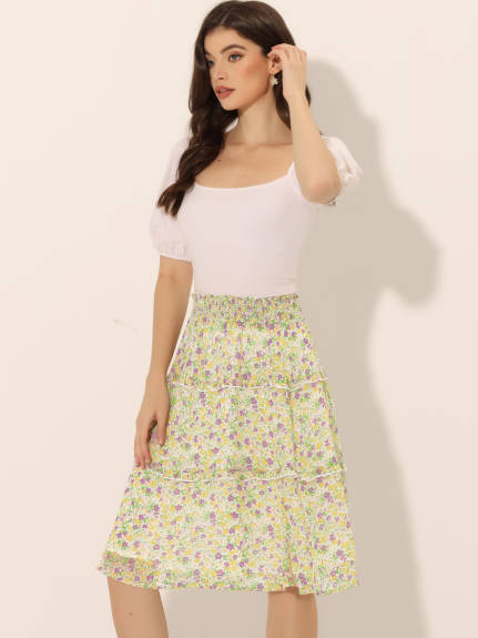 Allegra K- Women's Floral Smocked Waist Ruffle Tiered Skirt