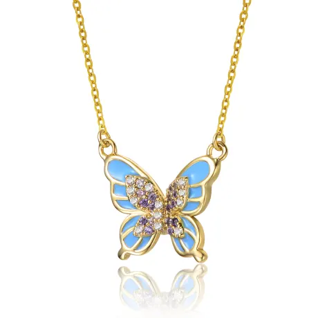 Rachel Glauber Young Adults/Teens 14k Yellow Gold Plated with Shades of Amethyst Cubic Zirconia Blue Enamel Butterfly Pendant Necklace