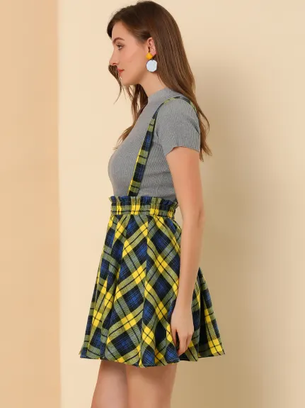Allegra K- Plaid Tartan Button Decor Suspender Skirt