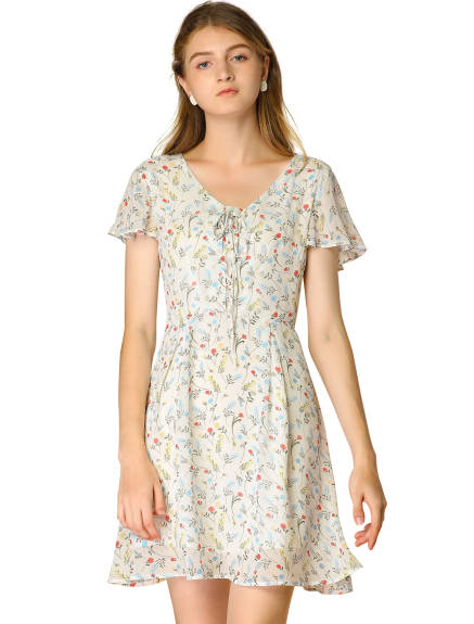 Allegra K- Floral V-Neck Zipper Chiffon Dress