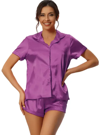 cheibear - Satin Shorts Button Short Sleeve Pajama Set